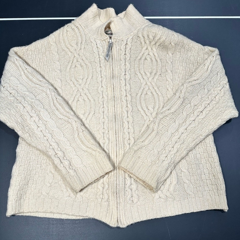 Aran Crafts Ireland 100% Merino Wool Cream Cable Knit Zip-Front Women's Sweater